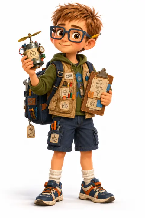 Benny Blip wearing square glasses and an inventor vest, holding a gadget and clipboard.