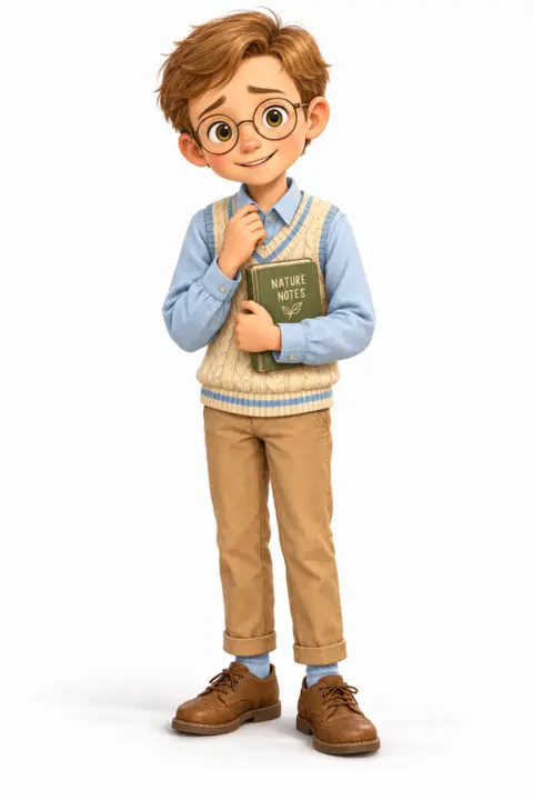 Harold Hiccups in round glasses and a knitted vest, holding his Nature Notes book.