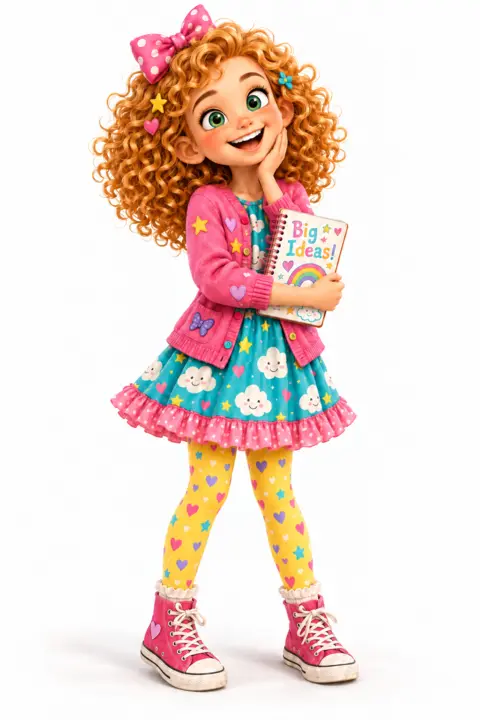 Lucy Lou with curly red hair, a pink bow and a Big Ideas notebook.