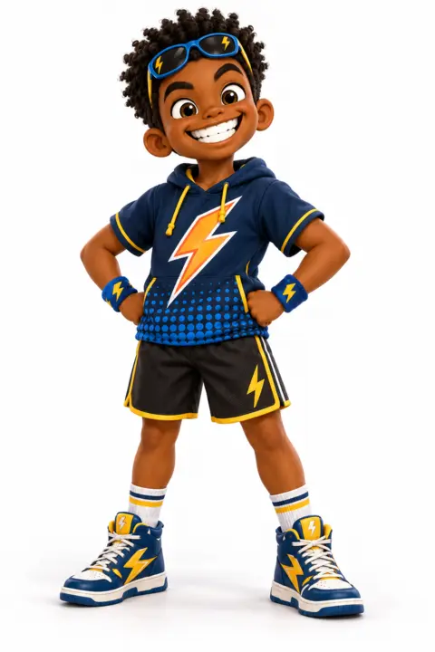 Max Thunder smiling in a blue lightning-bolt outfit, with sunglasses on his head.