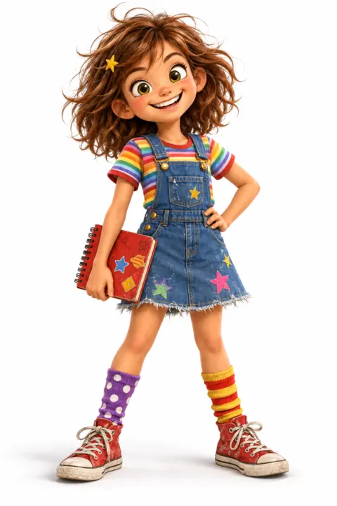 Milly McJinx with curly brown hair, her red notebook and mismatched socks.