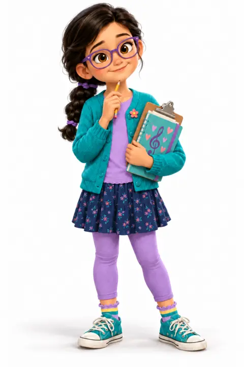 Nicole Pea wearing purple glasses and a teal cardigan, with a pencil and notebooks.
