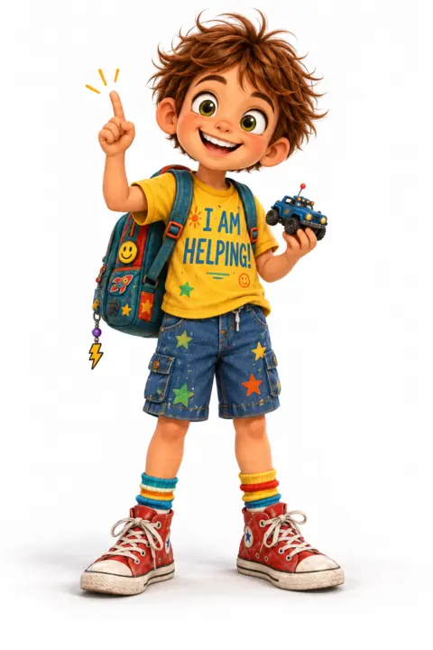 Ollie McJinx in a yellow shirt, holding a toy truck and raising one finger.