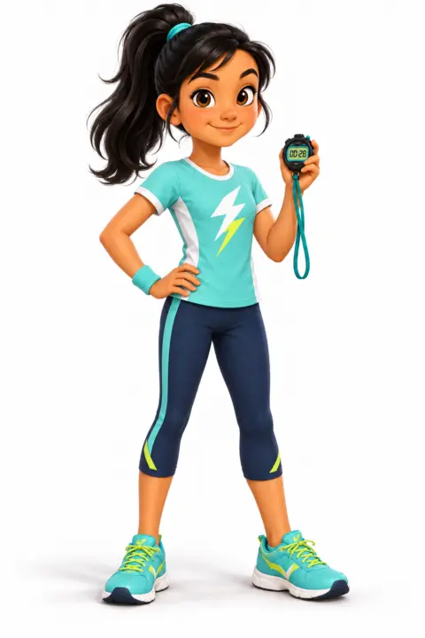 Zoe Zoom in a teal sports outfit and trainers, holding a stopwatch.