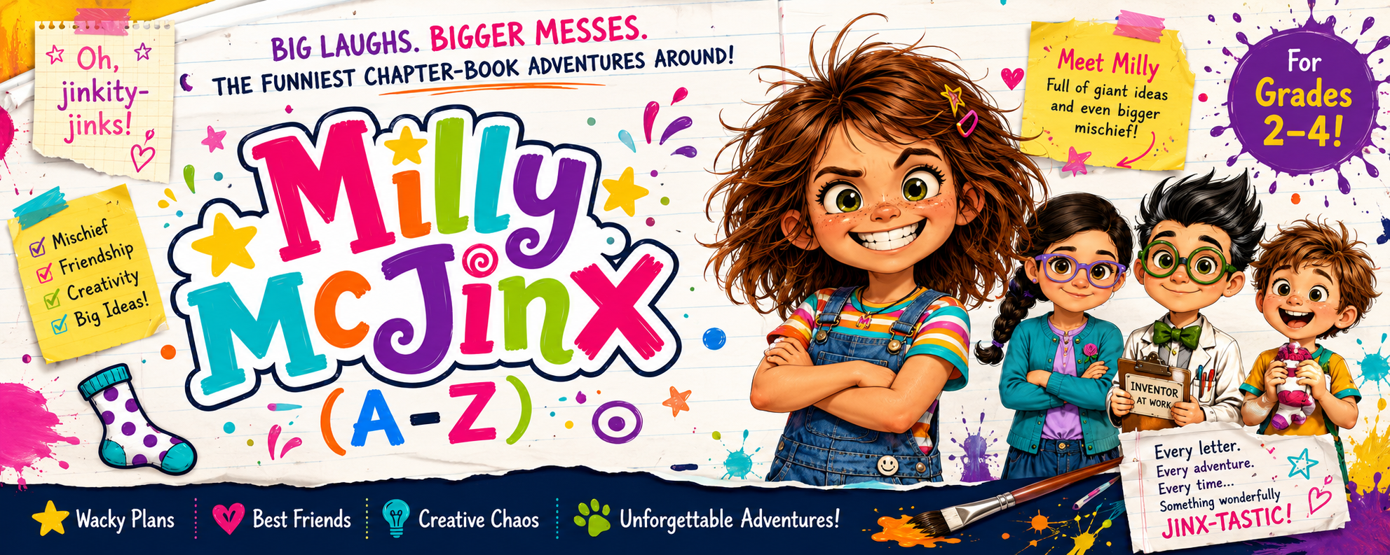 Milly McJinx and her friends on a colourful notebook-paper banner