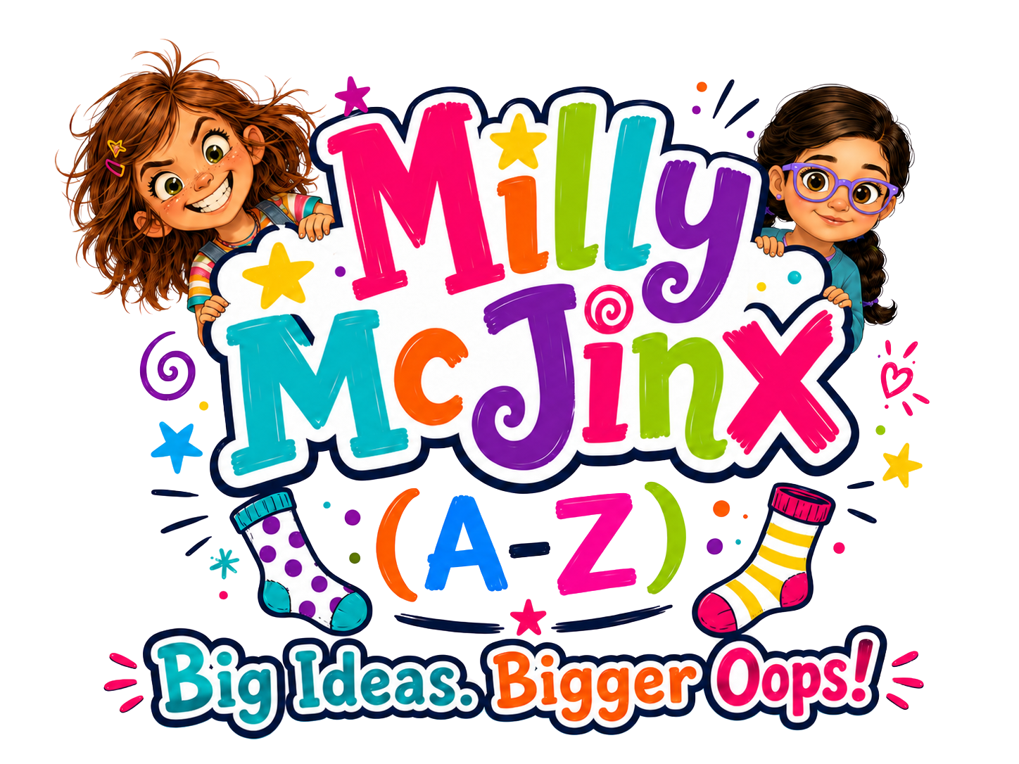 Milly and Nicole peeking around the colourful Milly McJinx logo